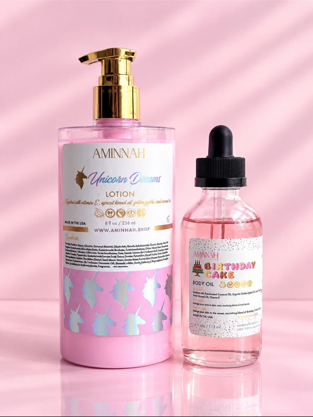 AMINNAH Unicorn Dreams Lotion & Birthday Cake Body Oil Set